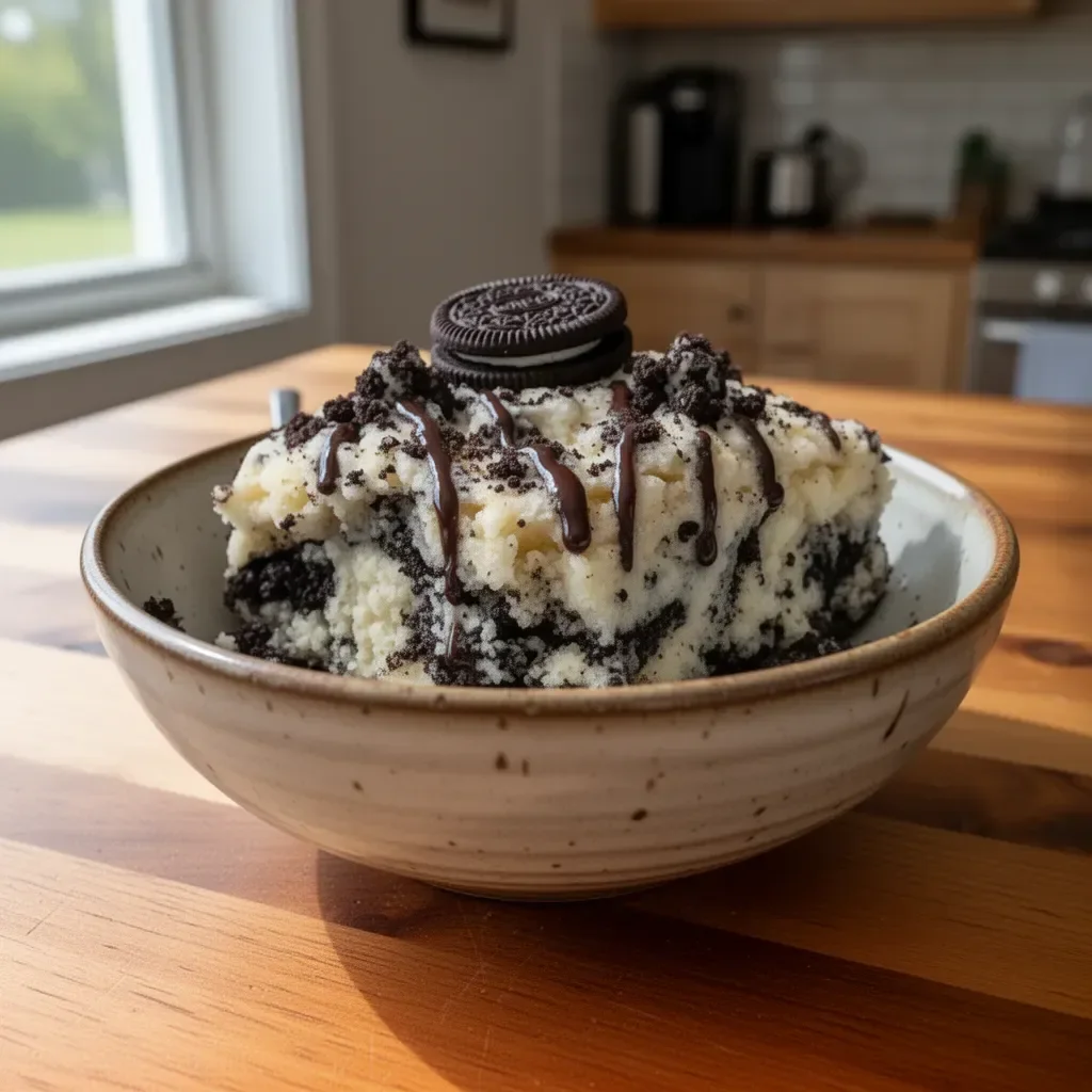 Decadent Oreo Dump Cake topped with crushed Oreos and whipped cream