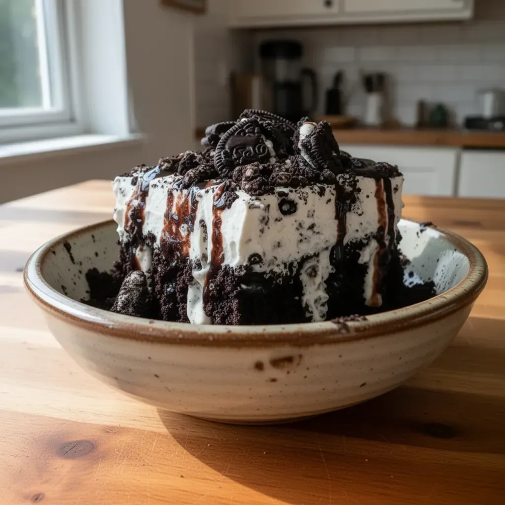 Delicious Oreo Poke Cake topped with crushed Oreos and whipped cream