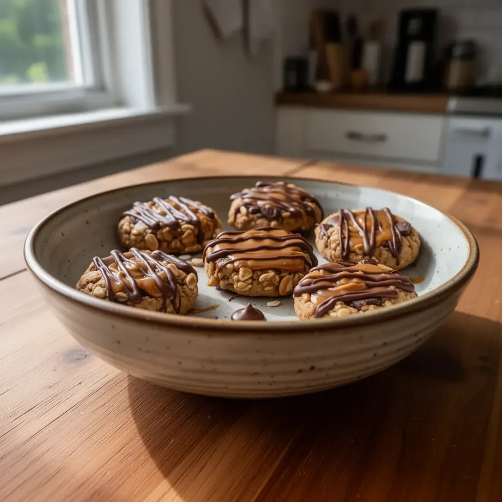Peanut Butter Chocolate Caramel Cookies arranged on a plate
