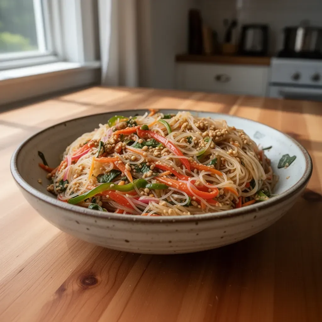 Peanut Miso Salad with vermicelli noodles served in a colorful bowl