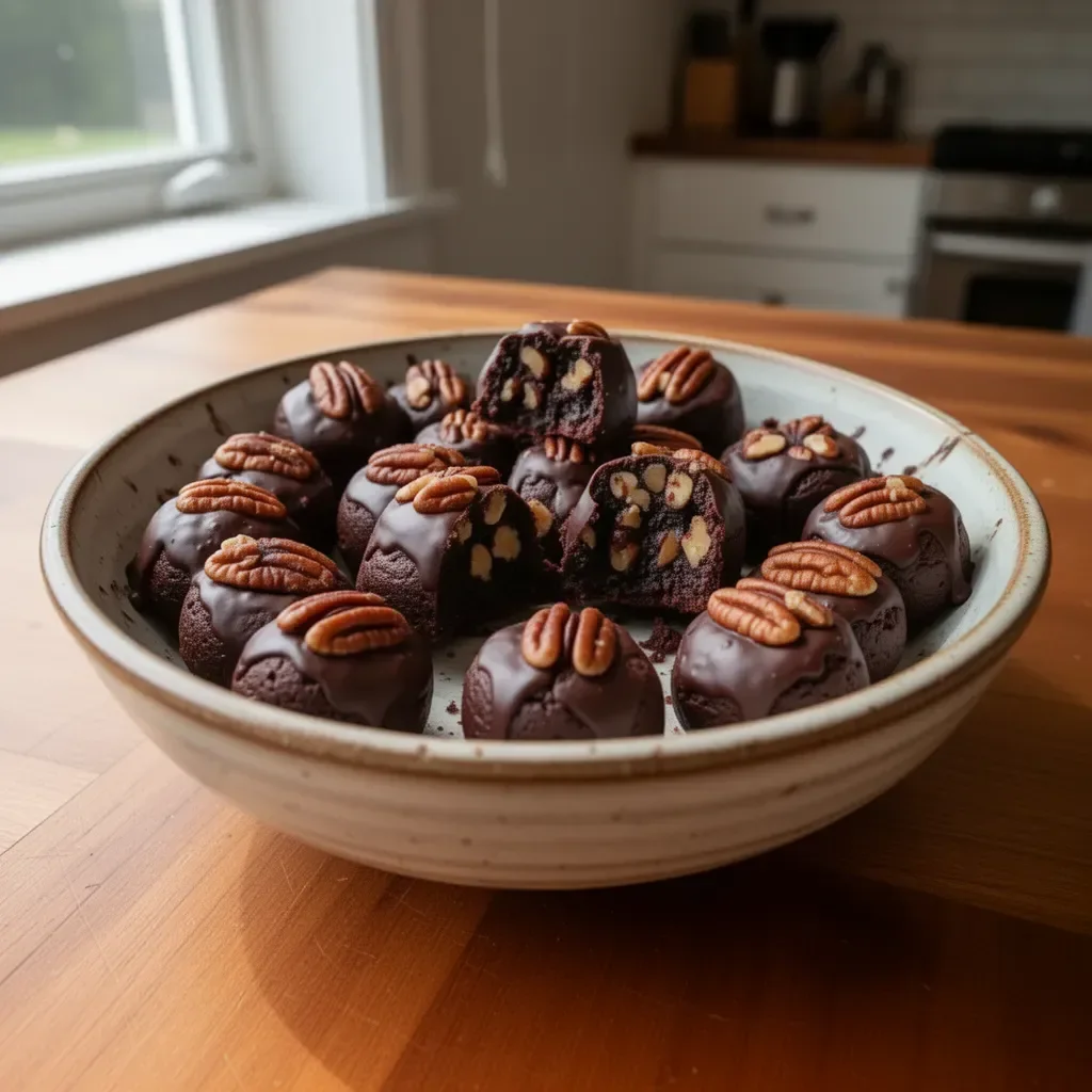 Delicious pecan pie brownie bites on a wooden platter, garnished with pecans