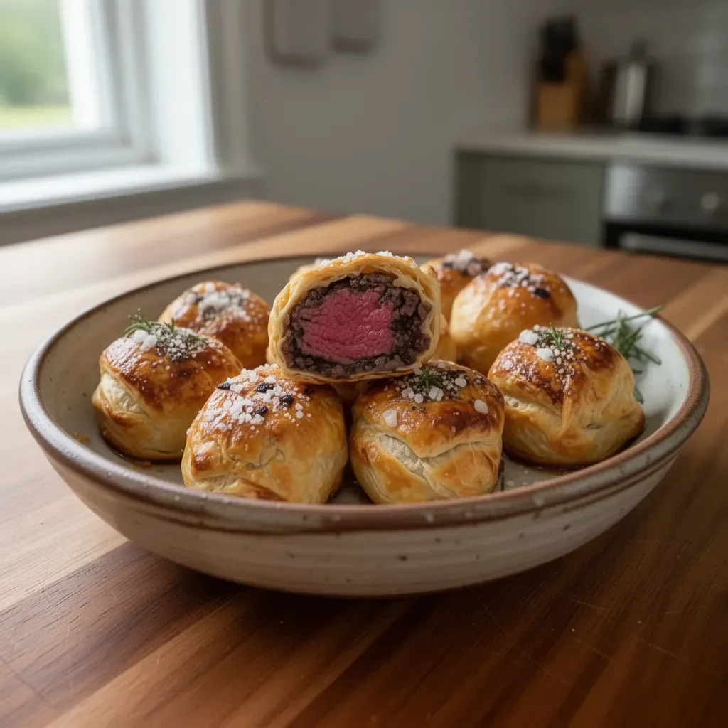 Perfect mini beef Wellington bites served on a platter.
