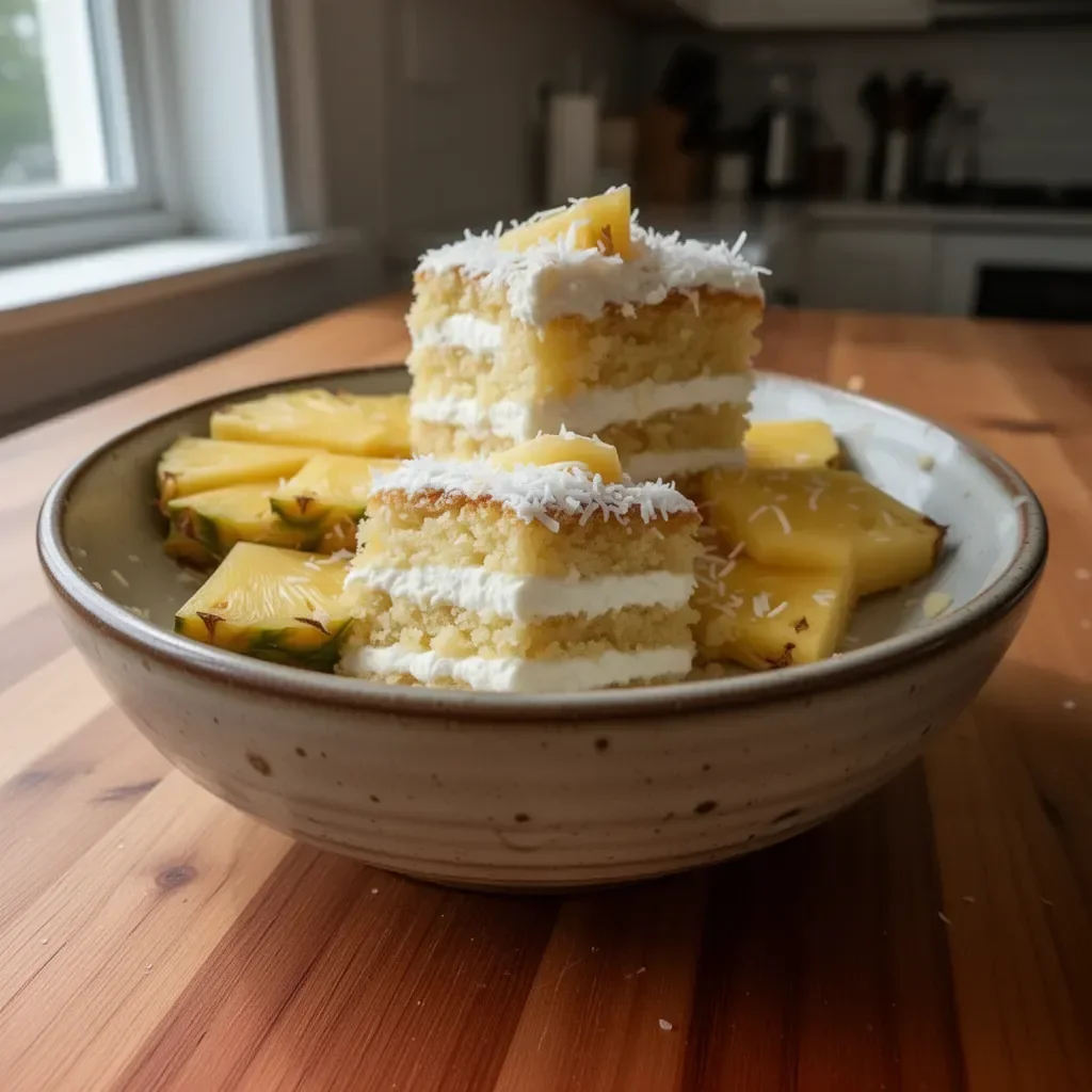 Delicious Pineapple Coconut Dream Cake topped with coconut flakes and pineapple slices
