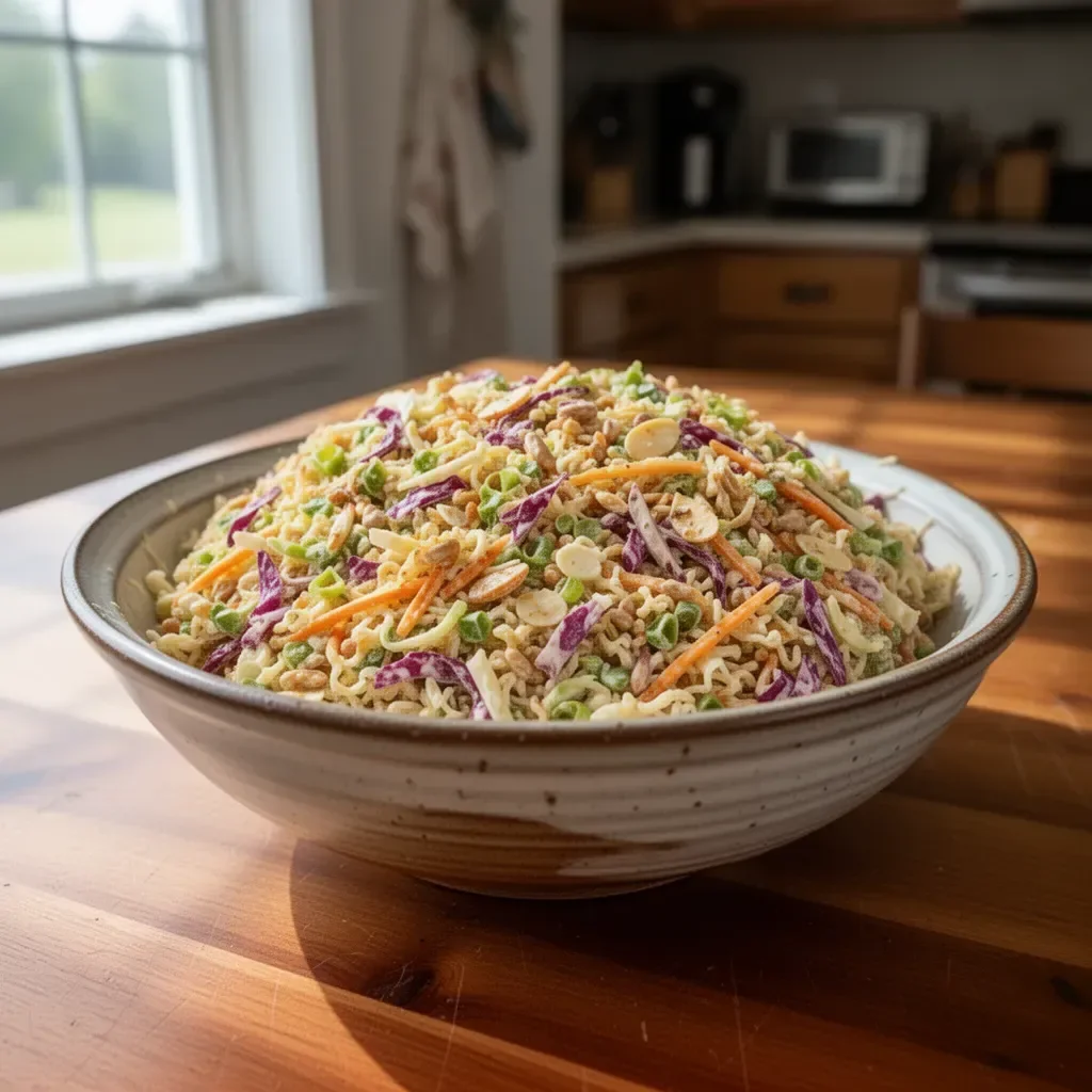 Ramen noodle salad recipe from Pioneer Woman with vibrant vegetables and dressing