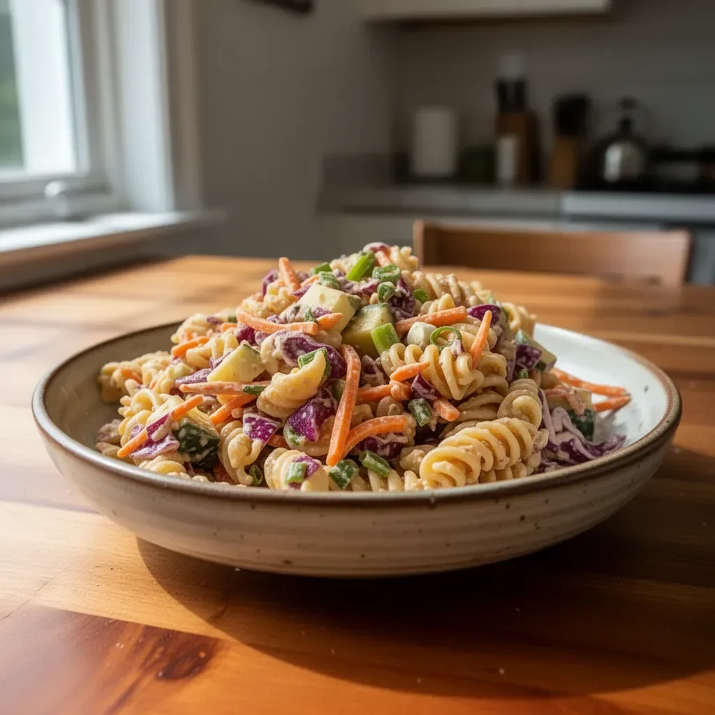 Colorful Protein Packed Thai Pasta Salad with fresh vegetables and herbs
