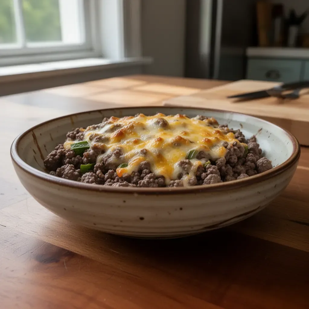 Quick ground venison casserole dish with vegetables and cheese baked in a casserole dish