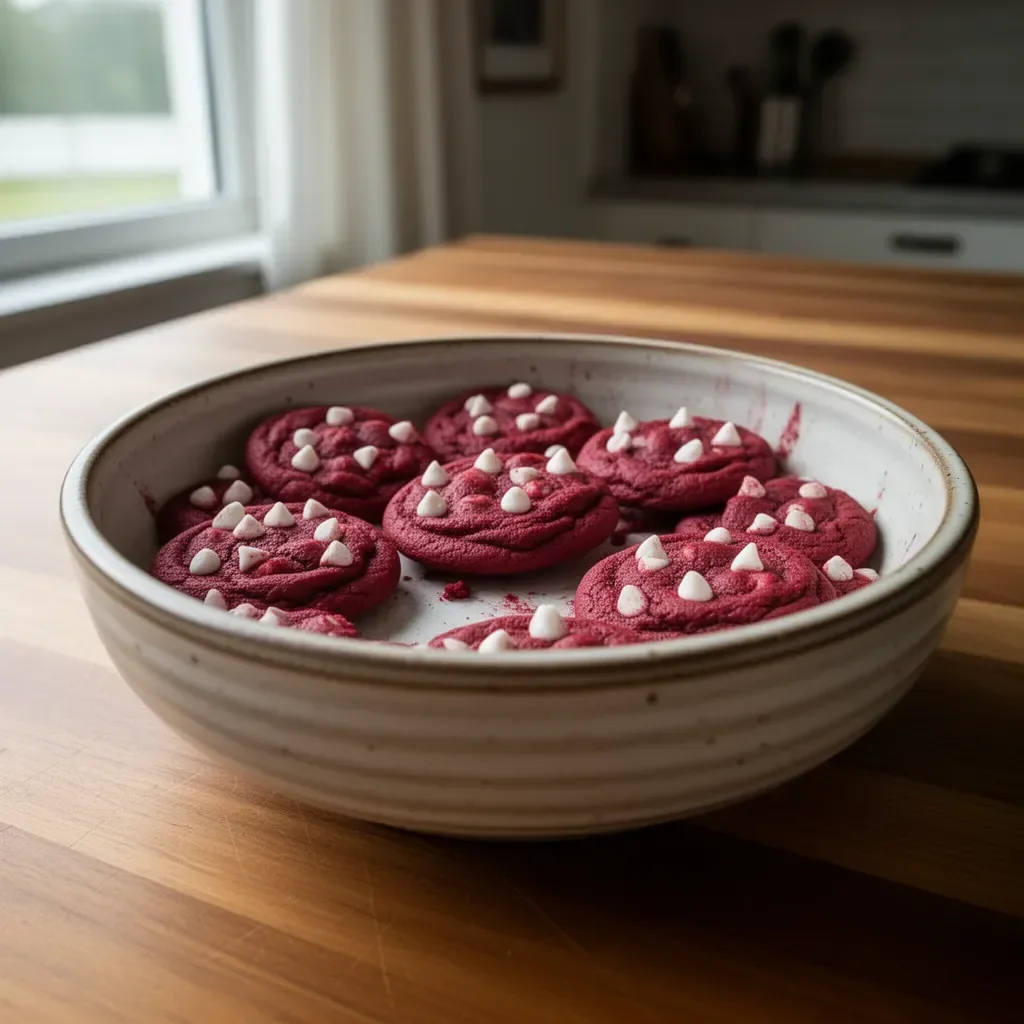 Delicious red velvet cookies with cream cheese frosting on a plate