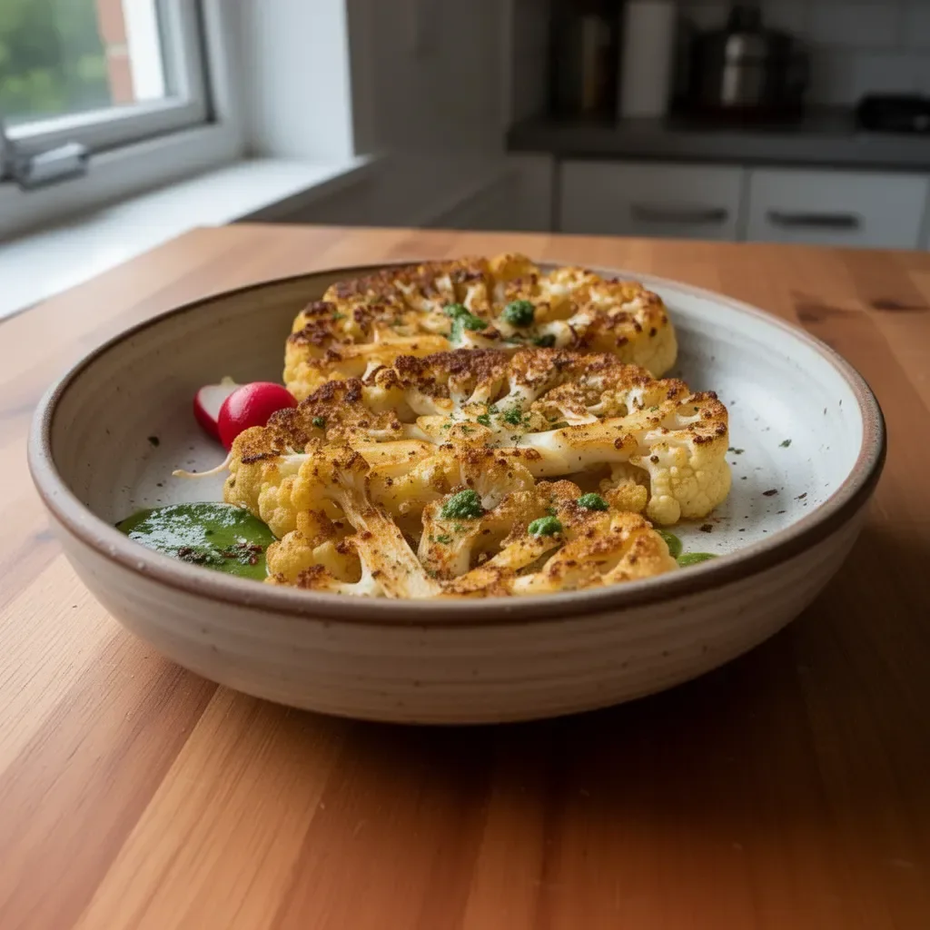 Delicious roasted cauliflower steaks served with herbs and spices