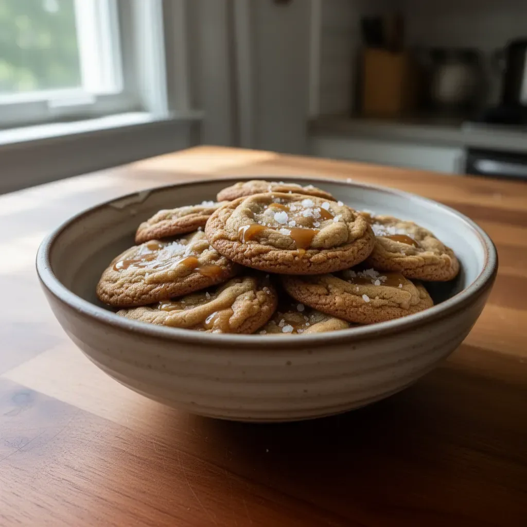 Delicious salted caramel cookies on a baking tray, warm and ready to serve
