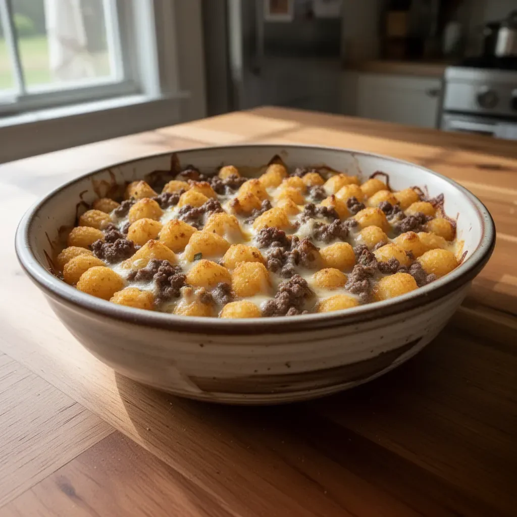 Savory ground venison tater tot casserole topped with crispy tater tots