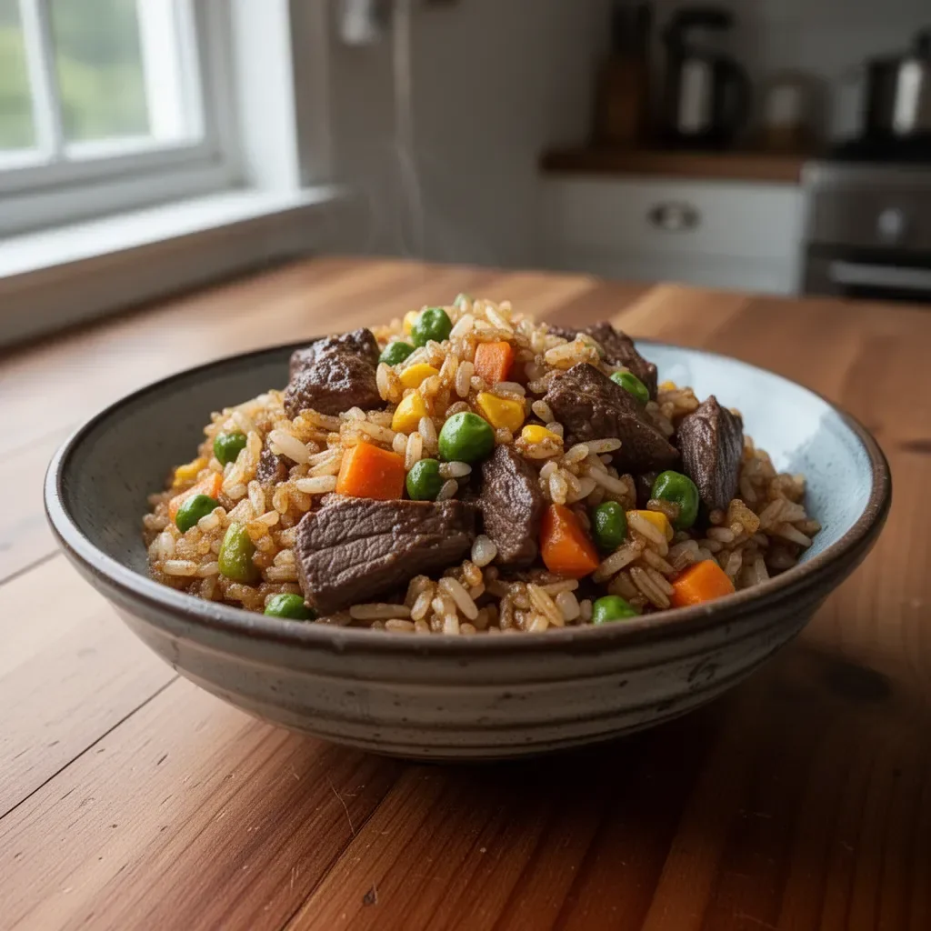 Plate of savory venison fried rice with herbs and vegetables