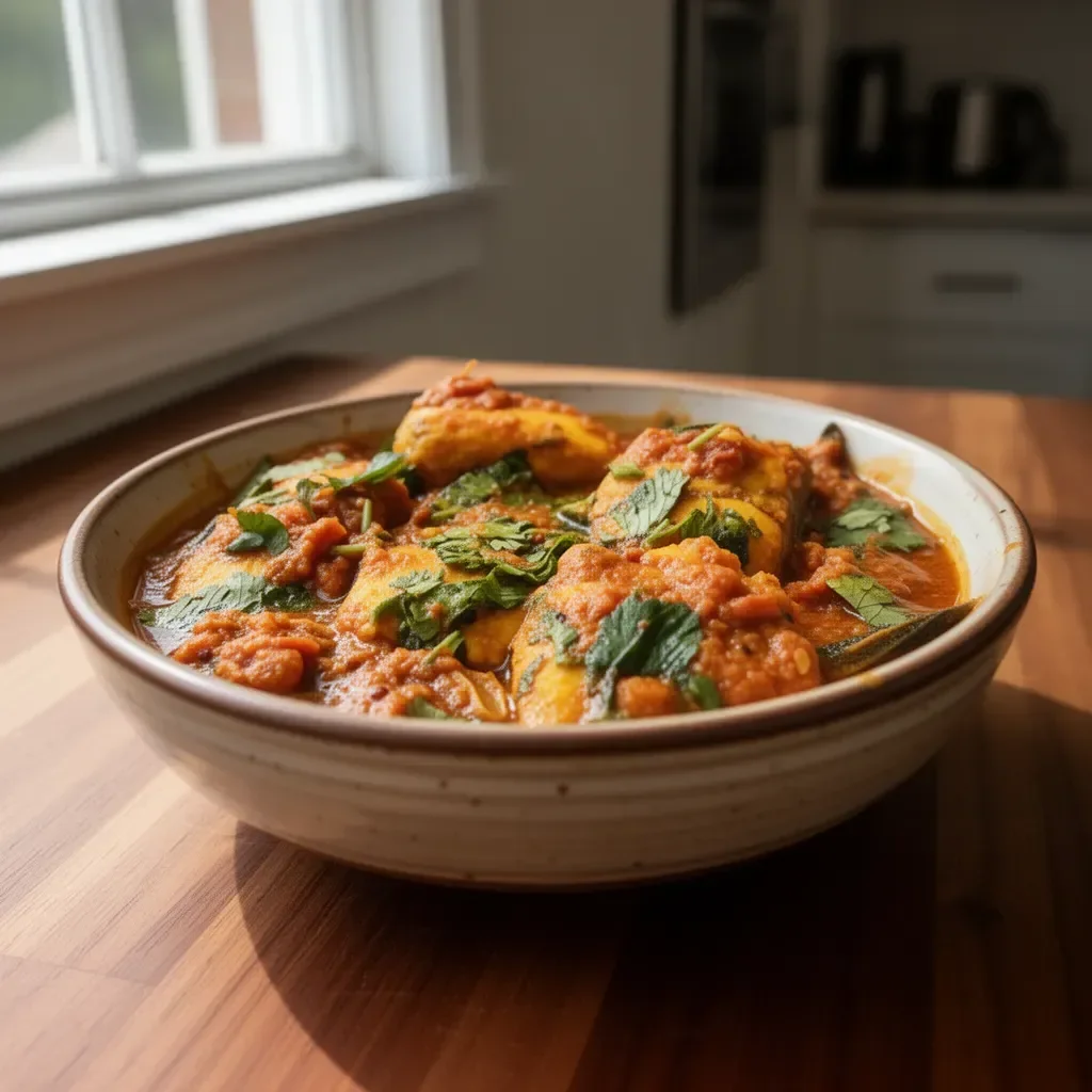 Delicious simple Bengali fish curry served in a bowl with rice.