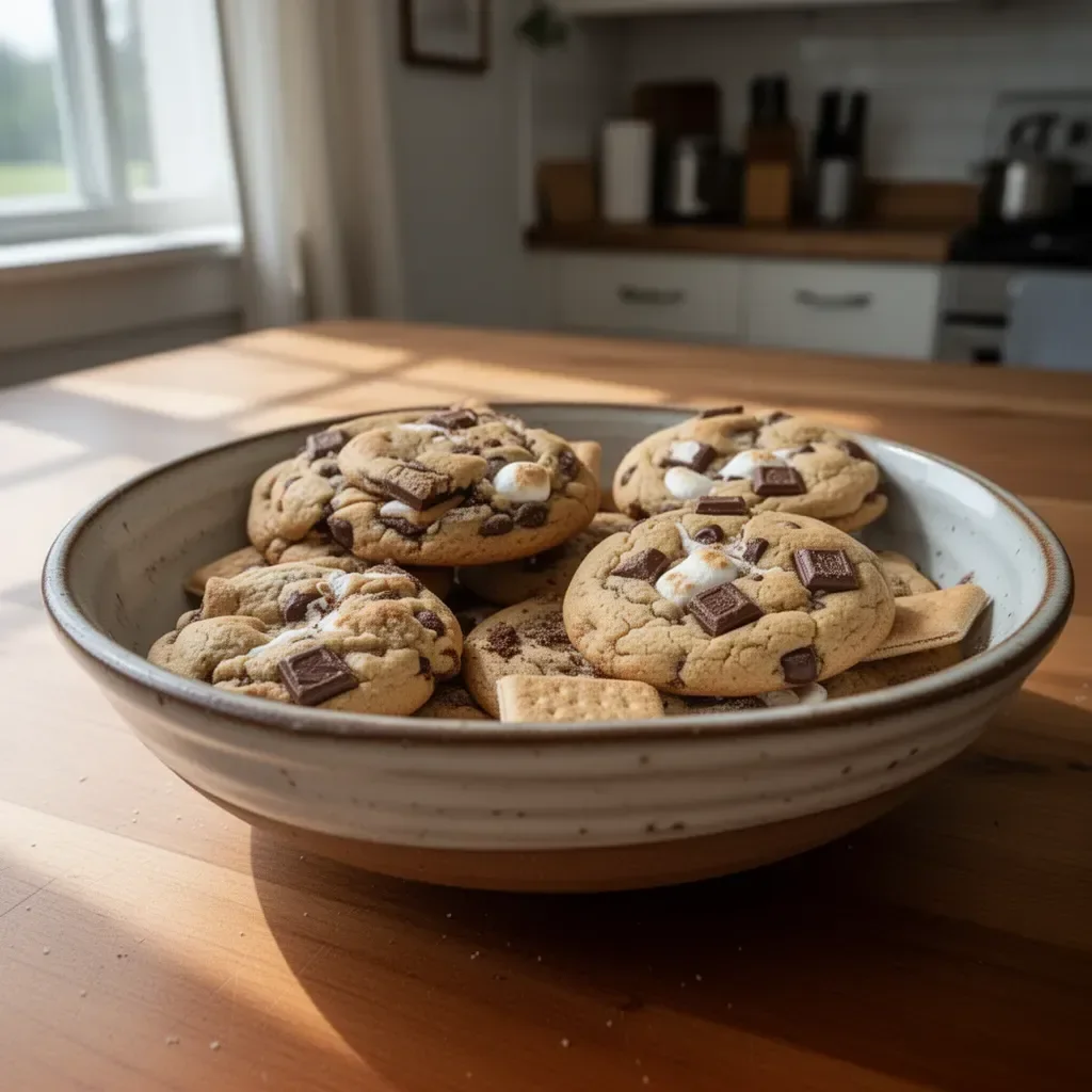Freshly baked S'mores Cookies with chocolate, graham crackers, and marshmallows