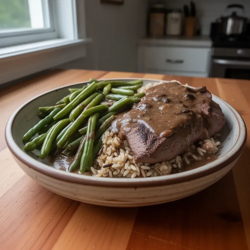 Delicious smothered venison backstrap served on a plate