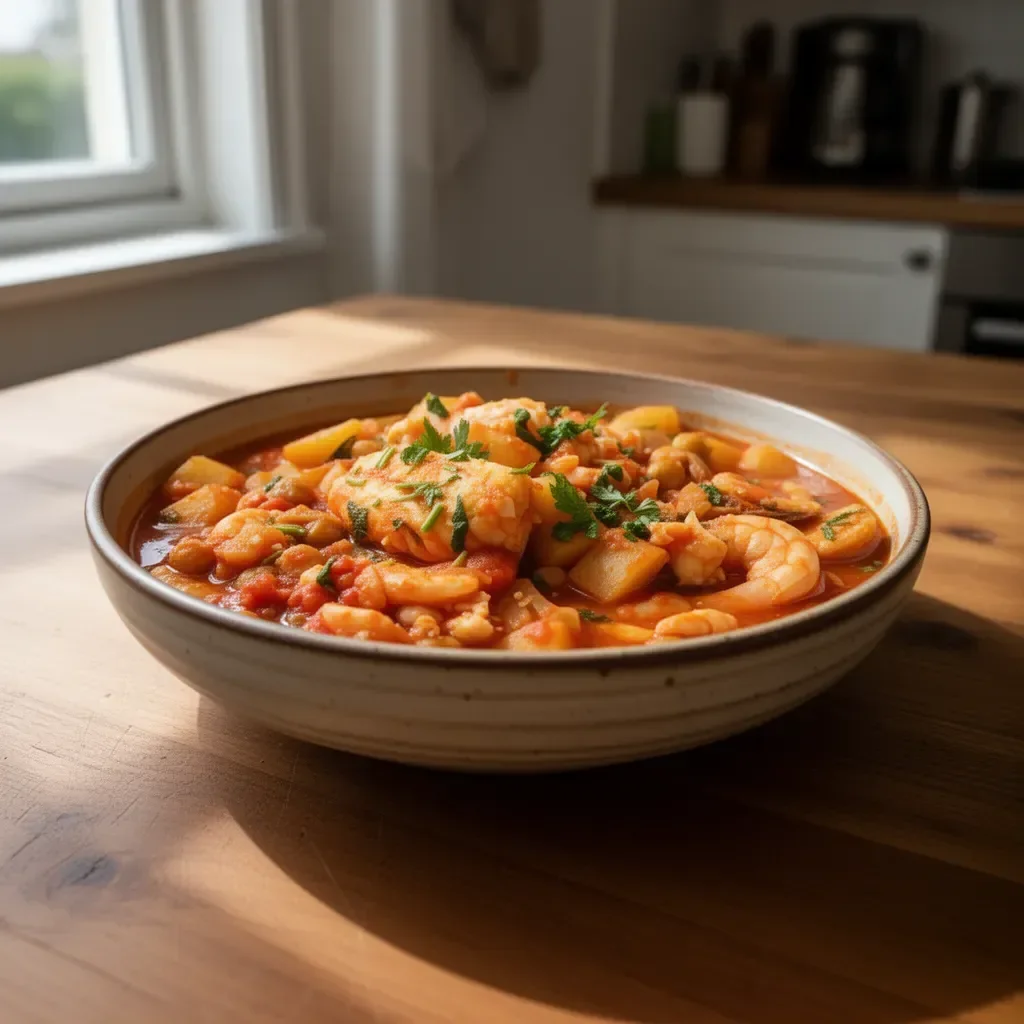 A bowl of Spanish fish stew filled with fresh seafood and vibrant vegetables.