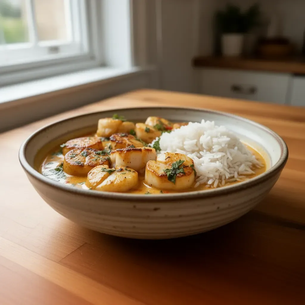 A bowl of spicy coconut curry scallops garnished with fresh herbs and lime.