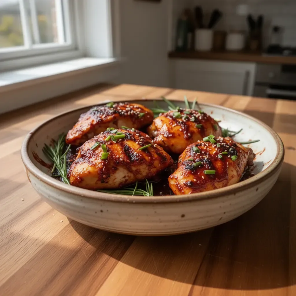 Plate of Spicy Gochujang Chicken garnished with green onions and sesame seeds.