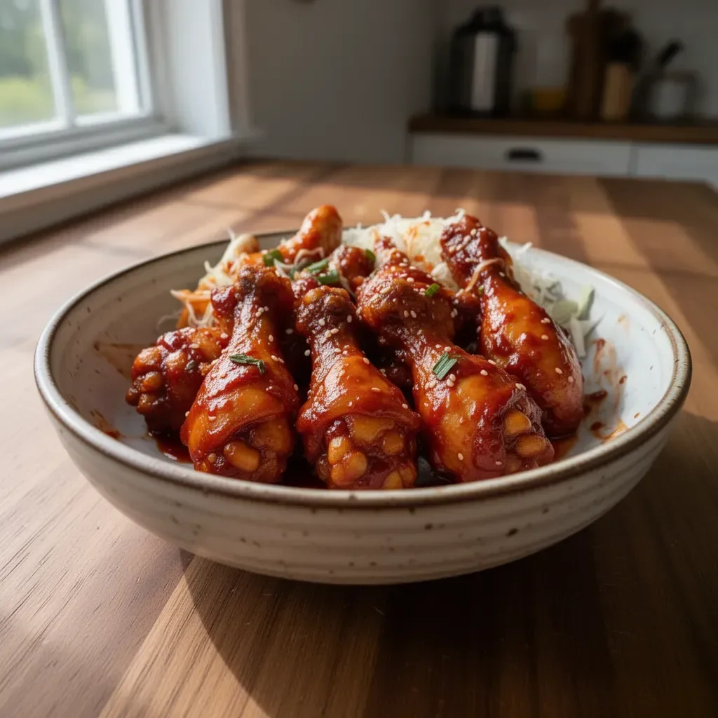 Plate of sticky Gochujang Chicken garnished with sesame seeds and green onions