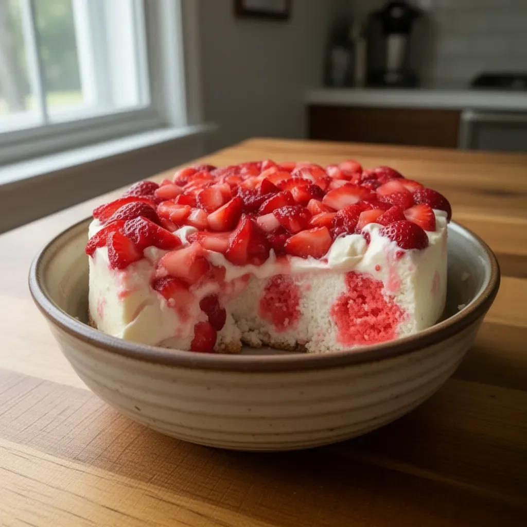 Delicious strawberry cheesecake poke cake topped with creamy frosting and fresh strawberries