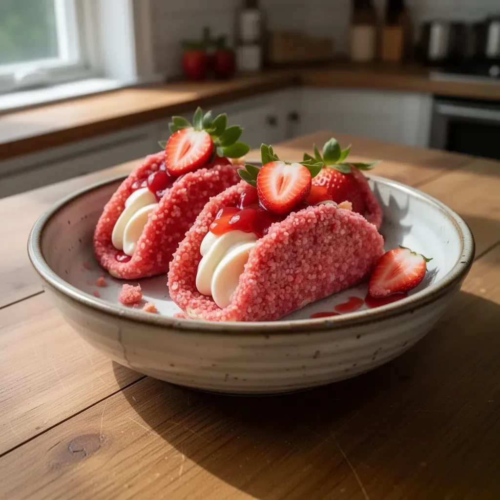 Strawberry cookie boats filled with strawberry and cream, perfect for dessert.