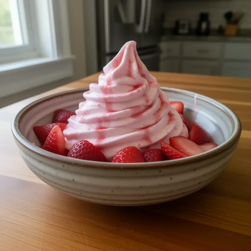 Delicious Strawberry Dole Whip dessert topped with fresh strawberries