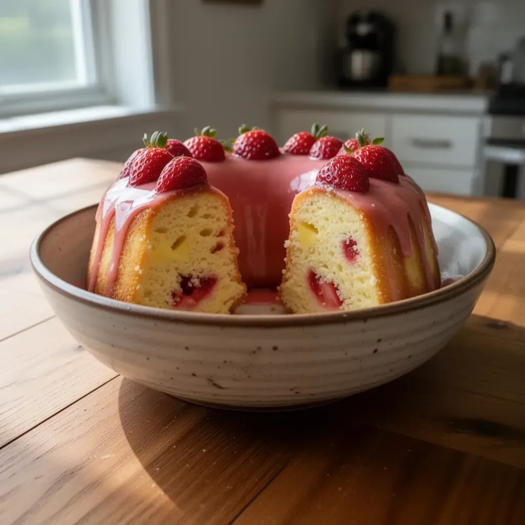 Strawberry Pineapple Pound Cake topped with fresh strawberries and pineapple slices