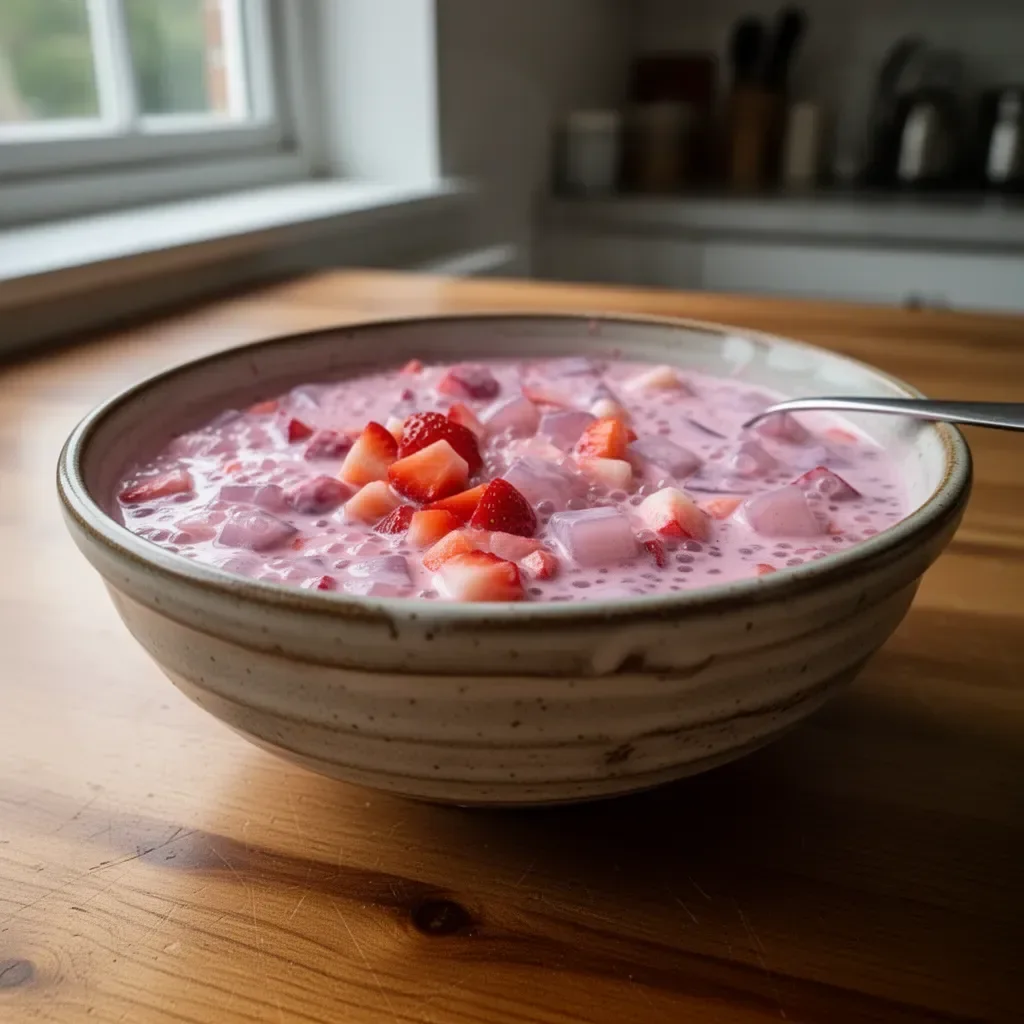 Delicious Strawberry Sago dessert with fresh strawberries and sago pearls