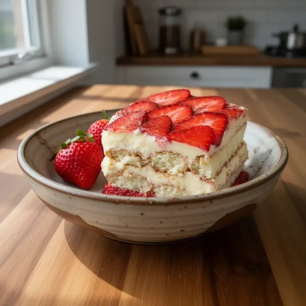 Delicious Strawberry Tiramisu dessert with fresh strawberries and mascarpone cream.