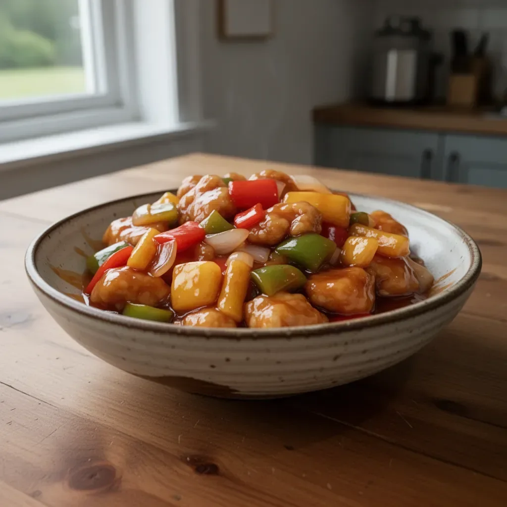 Plate of homemade Sweet and Sour Chicken with colorful bell peppers and pineapple
