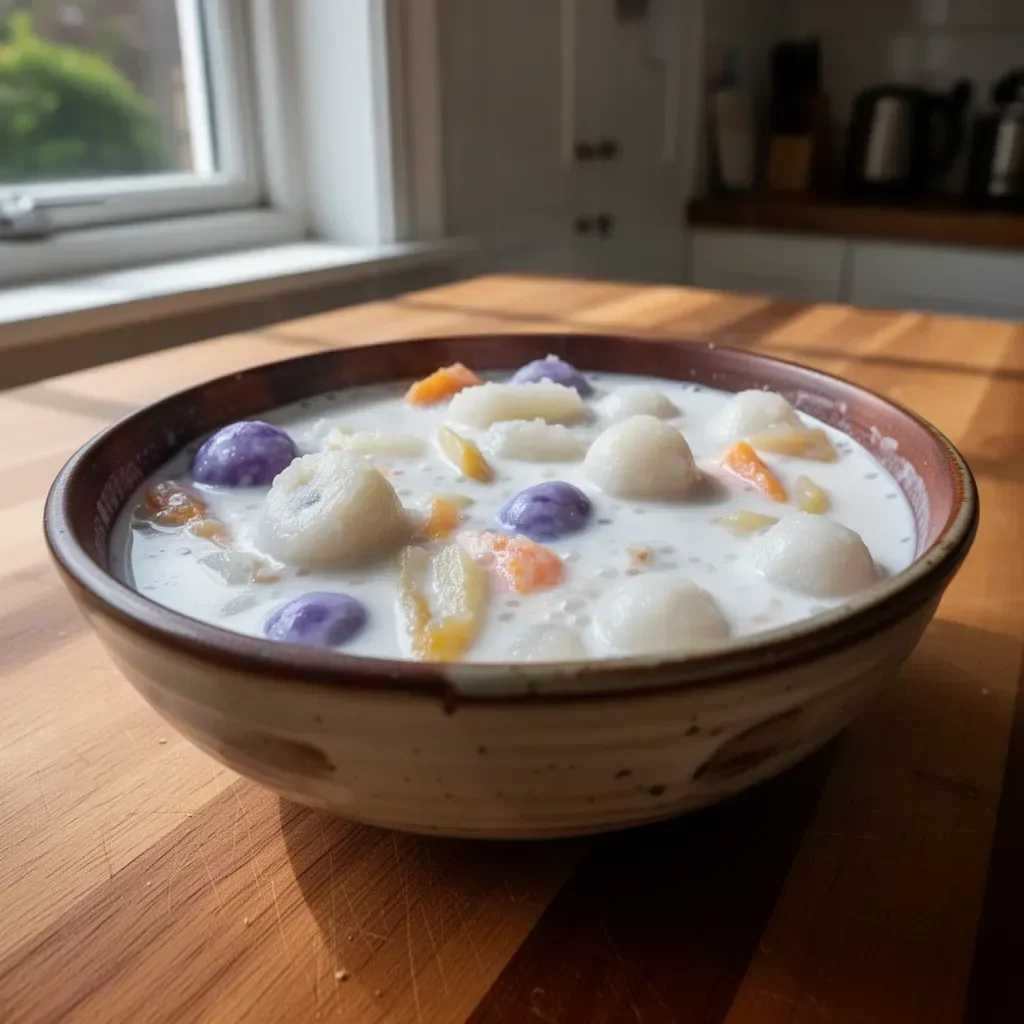 Sweet rice balls served in creamy coconut milk, a tasty dessert dish.