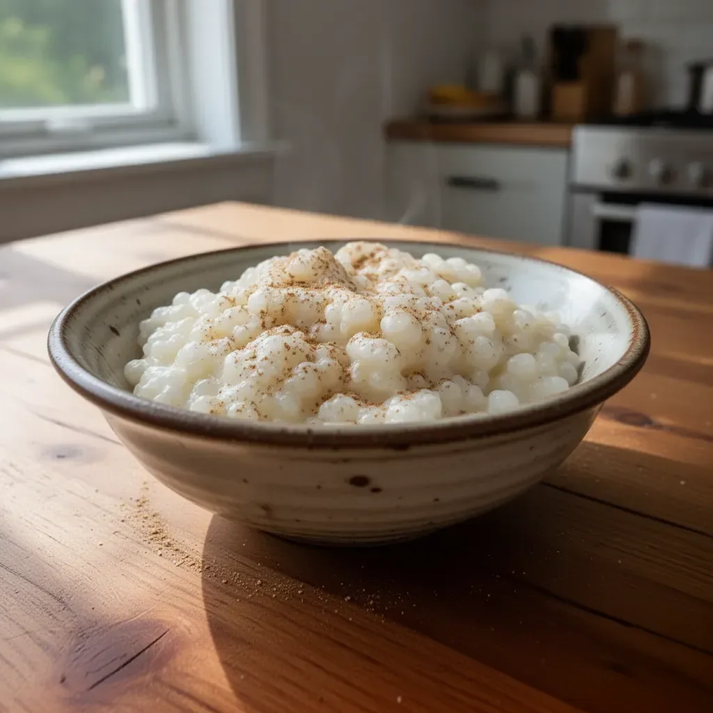Bowl of creamy tapioca pudding with a sprinkle of cinnamon on top