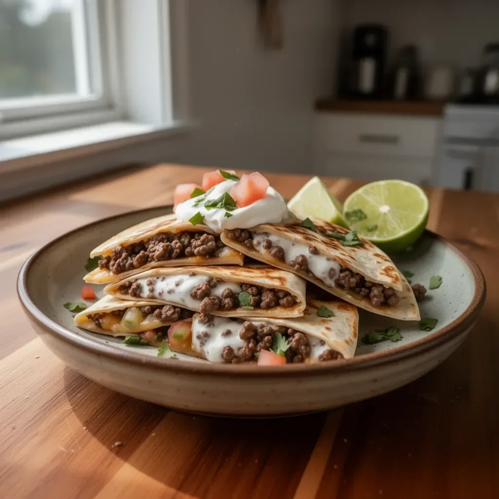 Ground venison quesadillas with cheese and toppings on a plate