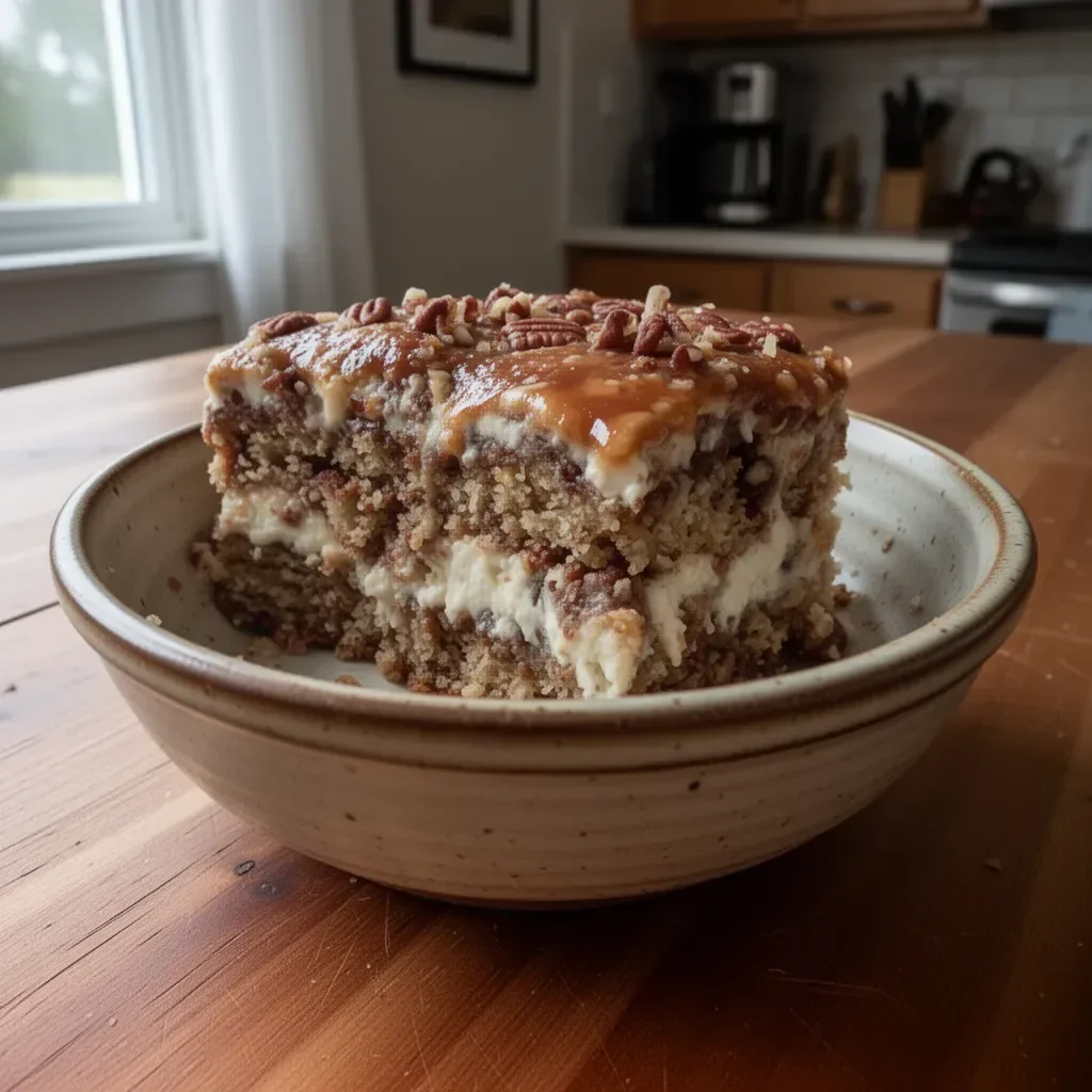 A delicious slice of Texas Tornado Cake topped with cream and nuts, showcasing its rich texture.
