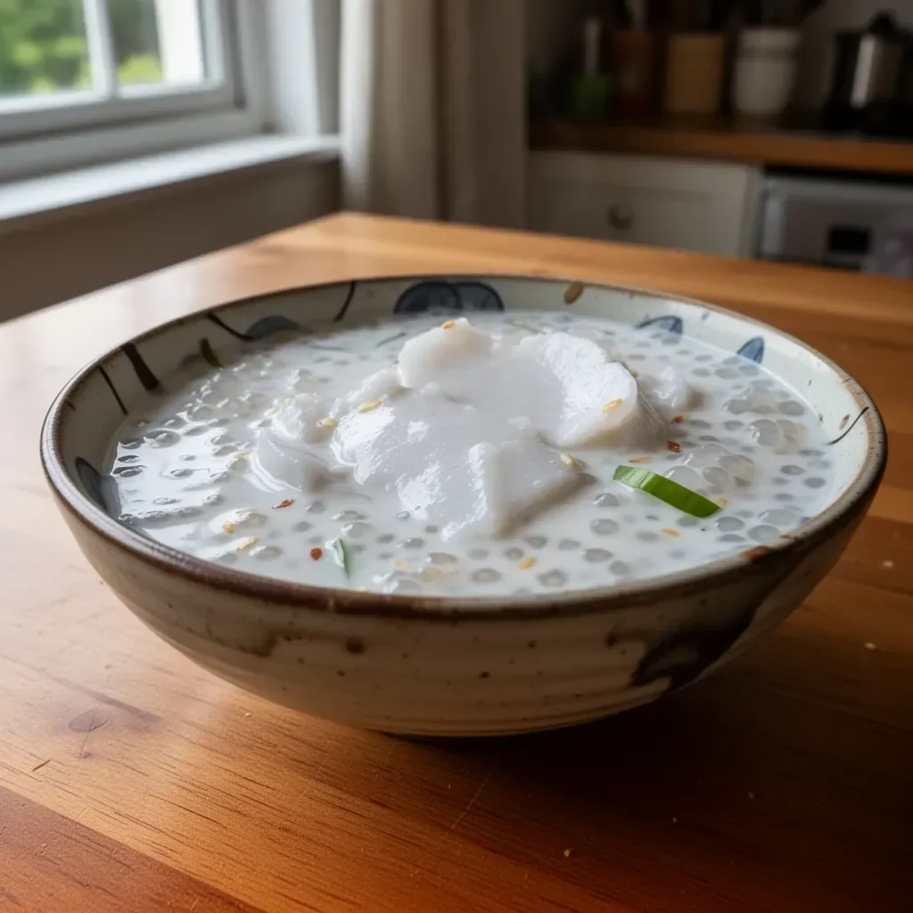 Delicious Thai Coconut Sago Pudding served in a bowl with coconut garnish.