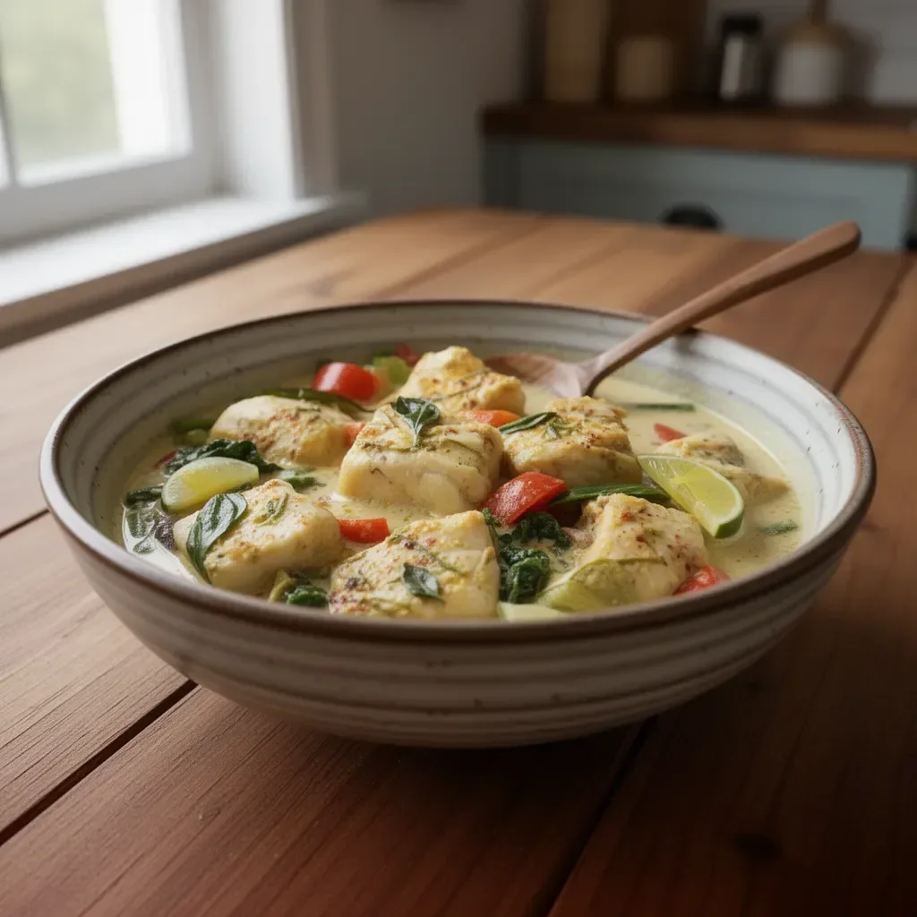 Delicious Thai fish curry with coconut milk served in a vibrant bowl