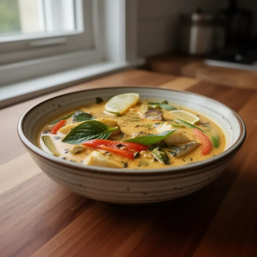 Delicious Thai fish curry cooked with coconut milk and spices served in a bowl.