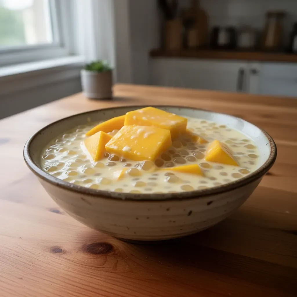 Deliciously creamy mango sago dessert in a elegant serving bowl.