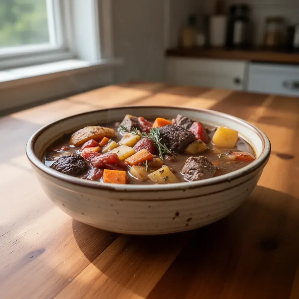 A steaming bowl of the best venison stew with herbs and vegetables