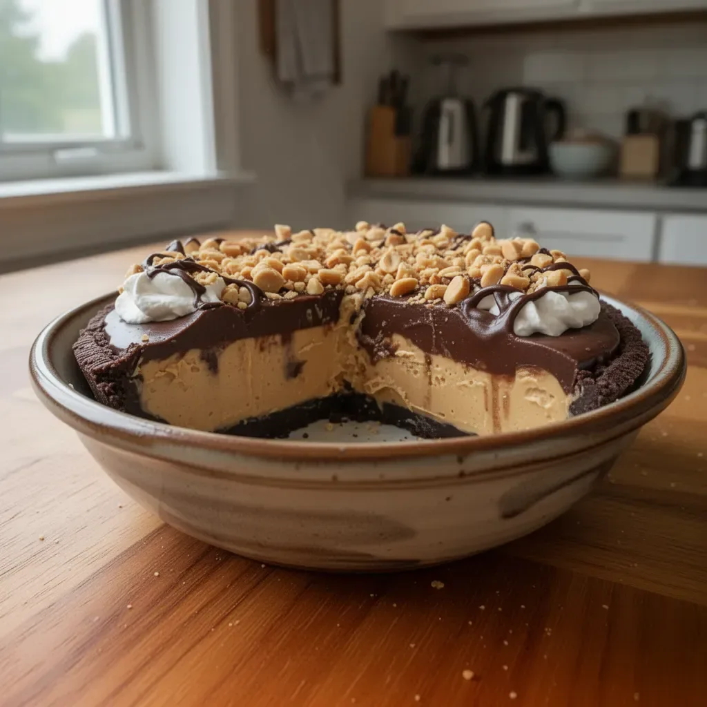 Unbelievable peanut butter pie topped with chocolate and whipped cream.