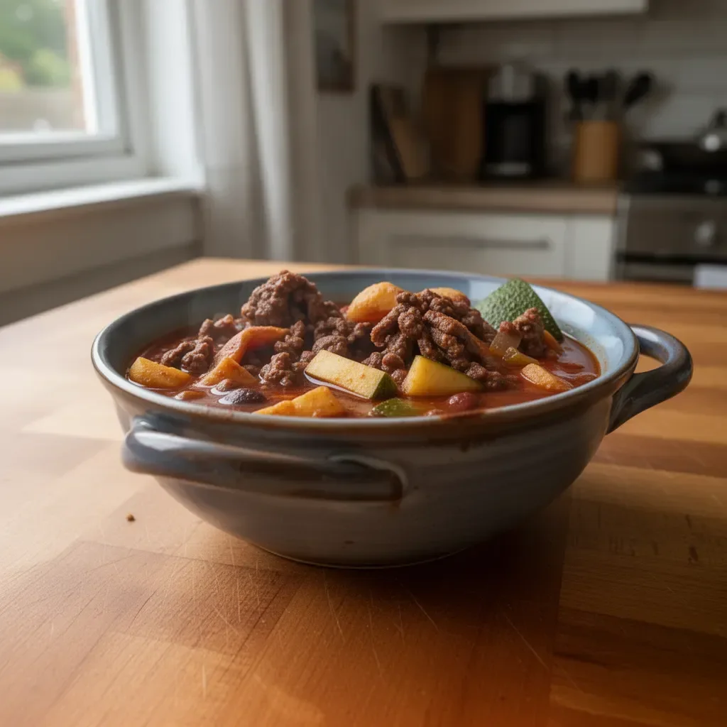 Bowl of hearty venison chili garnished with herbs and spices