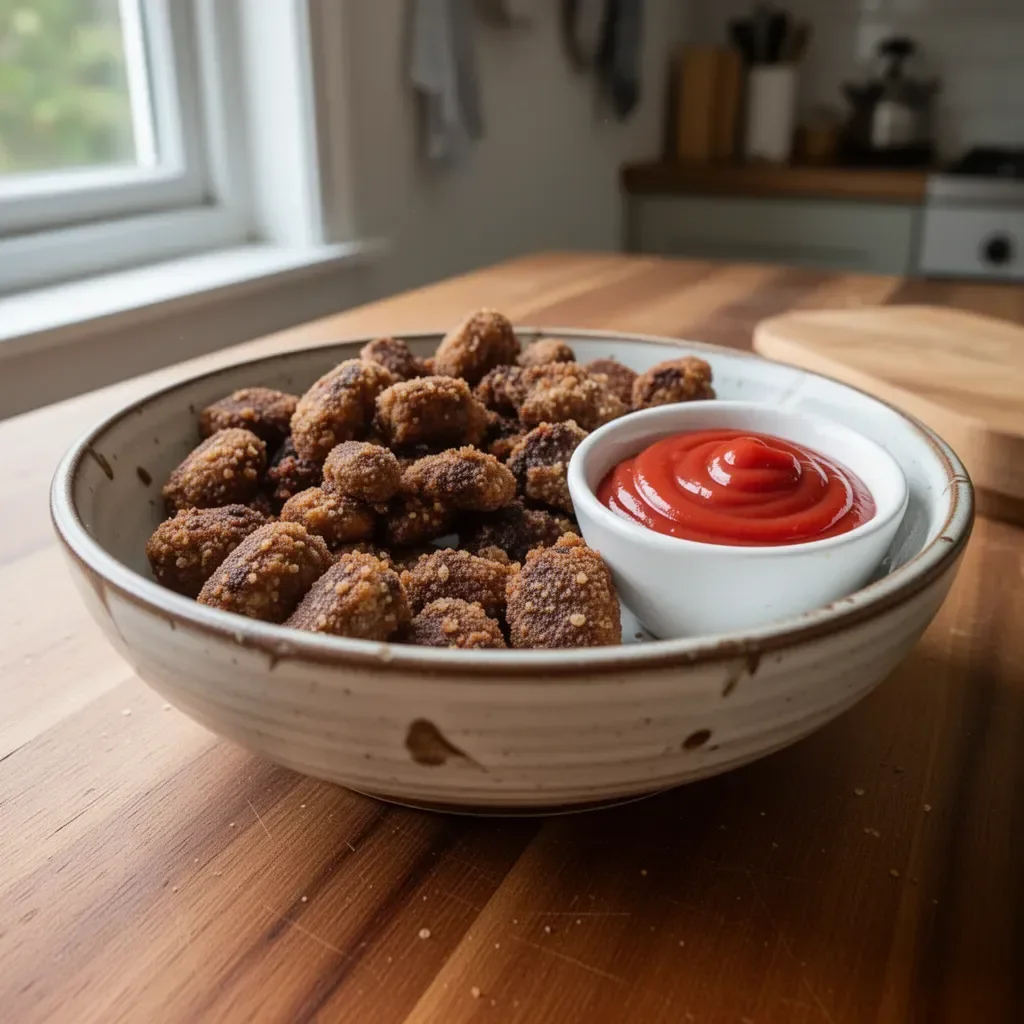 Plate of crispy venison nuggets ready to be served.