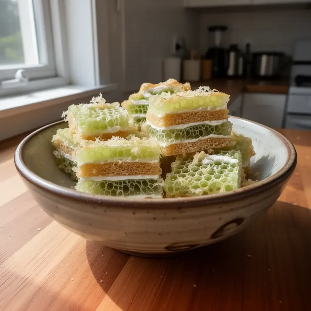 Delicious Vietnamese Honeycomb Cake with a golden honeycomb texture and vibrant colors.