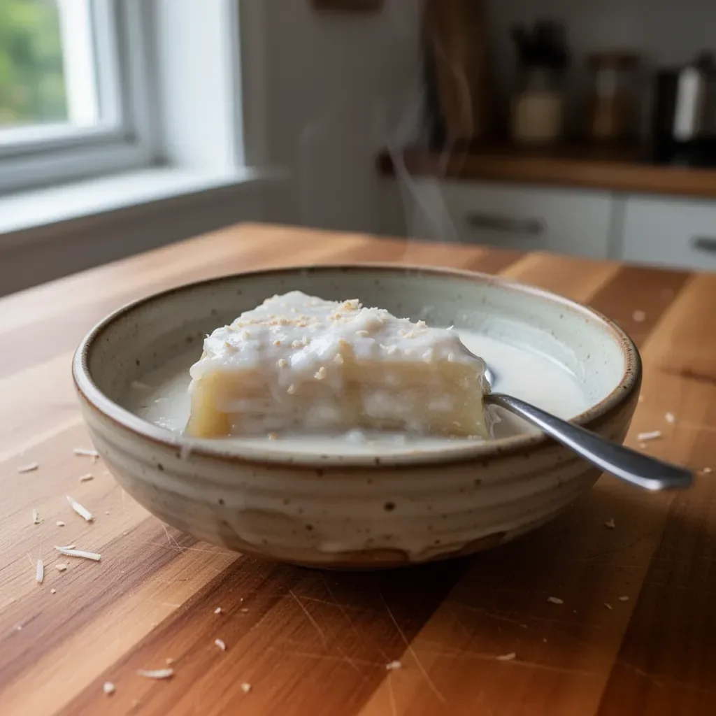 Vietnamese Steamed Banana Pudding served with Coconut Sauce in a bowl