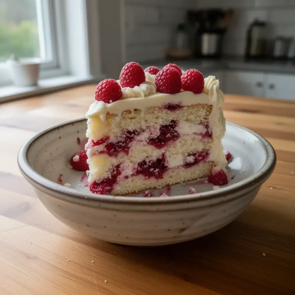 Slices of White Chocolate Raspberry Dream Cake with decorative raspberries on top